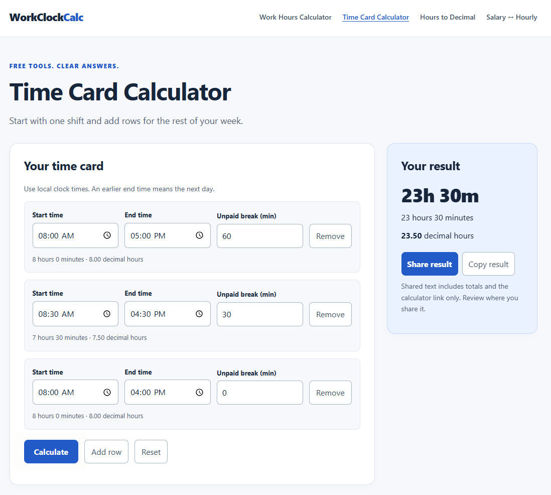 WorkClockCalc screenshot 2