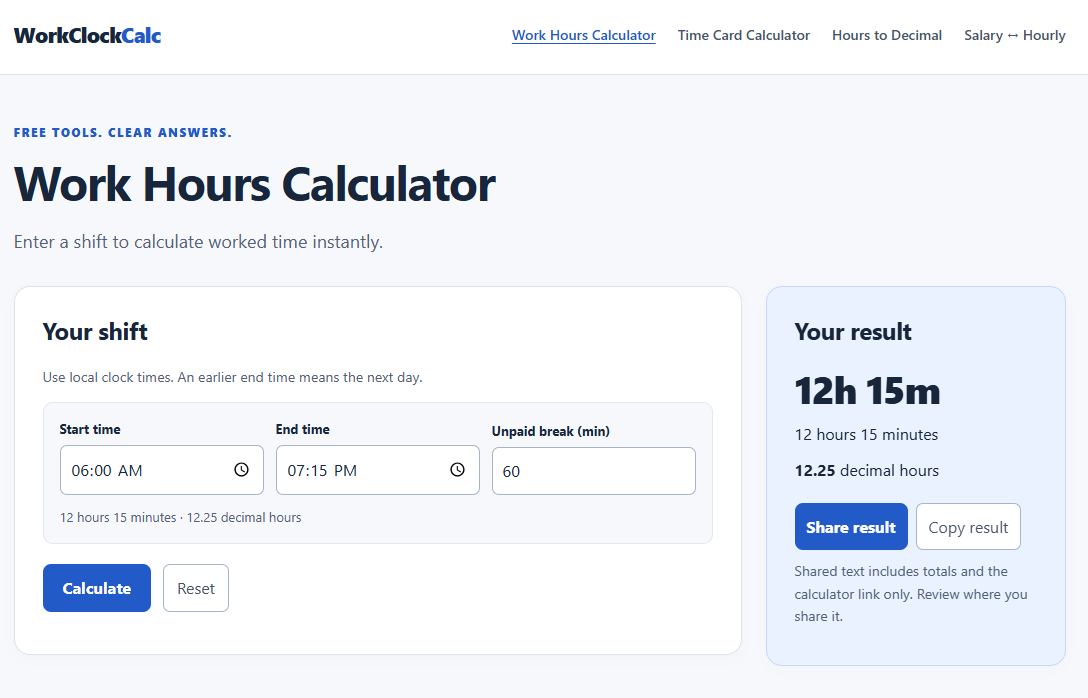WorkClockCalc screenshot 1